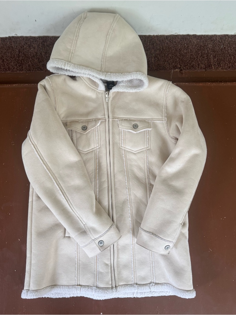 GAP Kids Cream Hooded Faux-Suede Shearling Jacket - XXL (14/16)